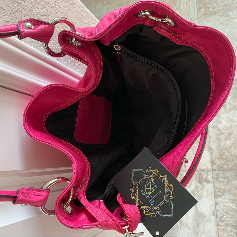 Italian designer Vera Pelle Soft Italian leather magenta hot pink large purse - Picture 7 of 11